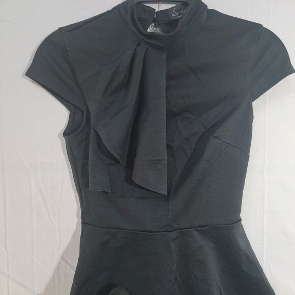 So London Sexy Black Blouse Asymmetrical Ruffle Cap Sleeve Peplum Women's Size 4 - Picture 3 of 8